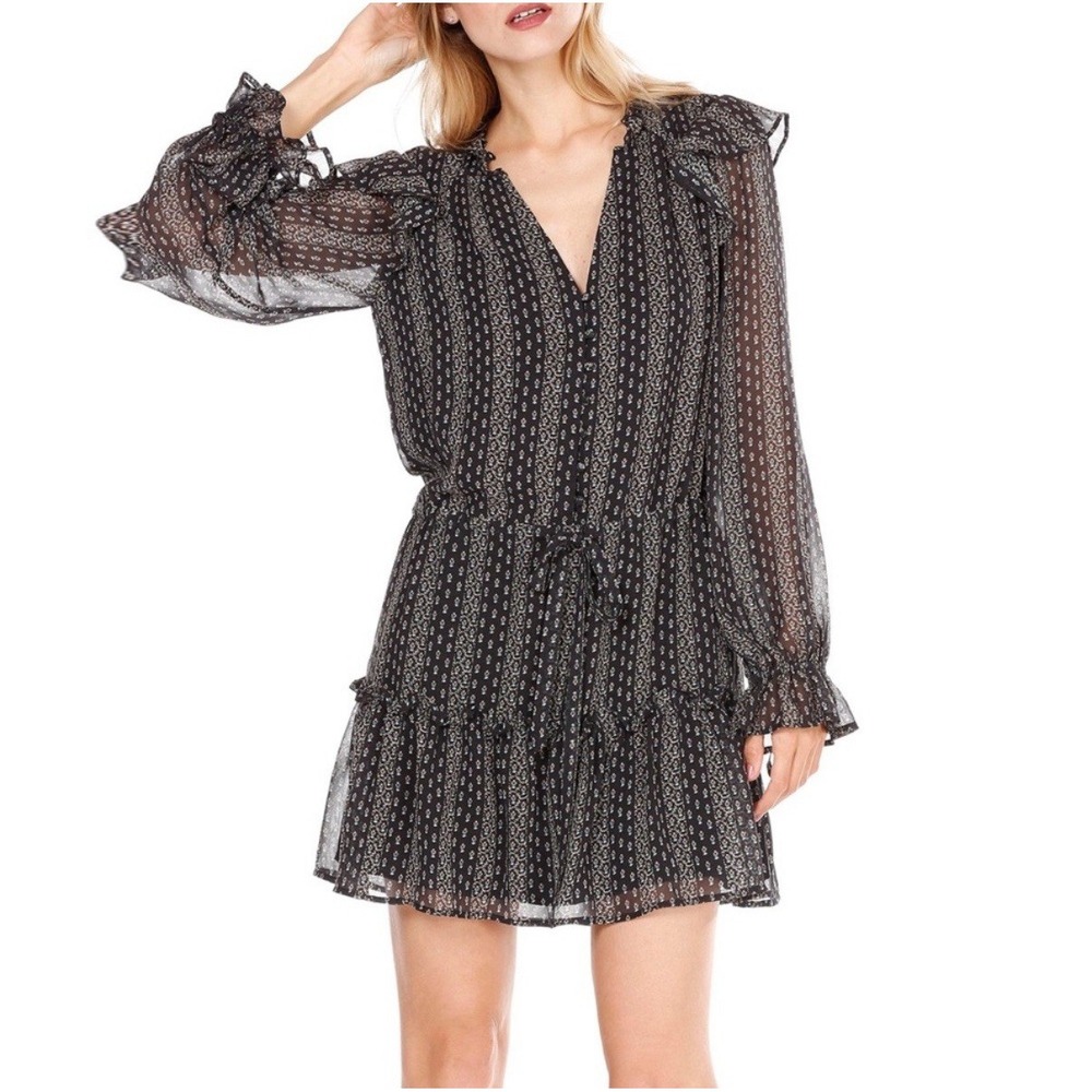 Paige Pomello Long Sleeve 100% Silk Mini Dress Black White Floral Medium Ruffle